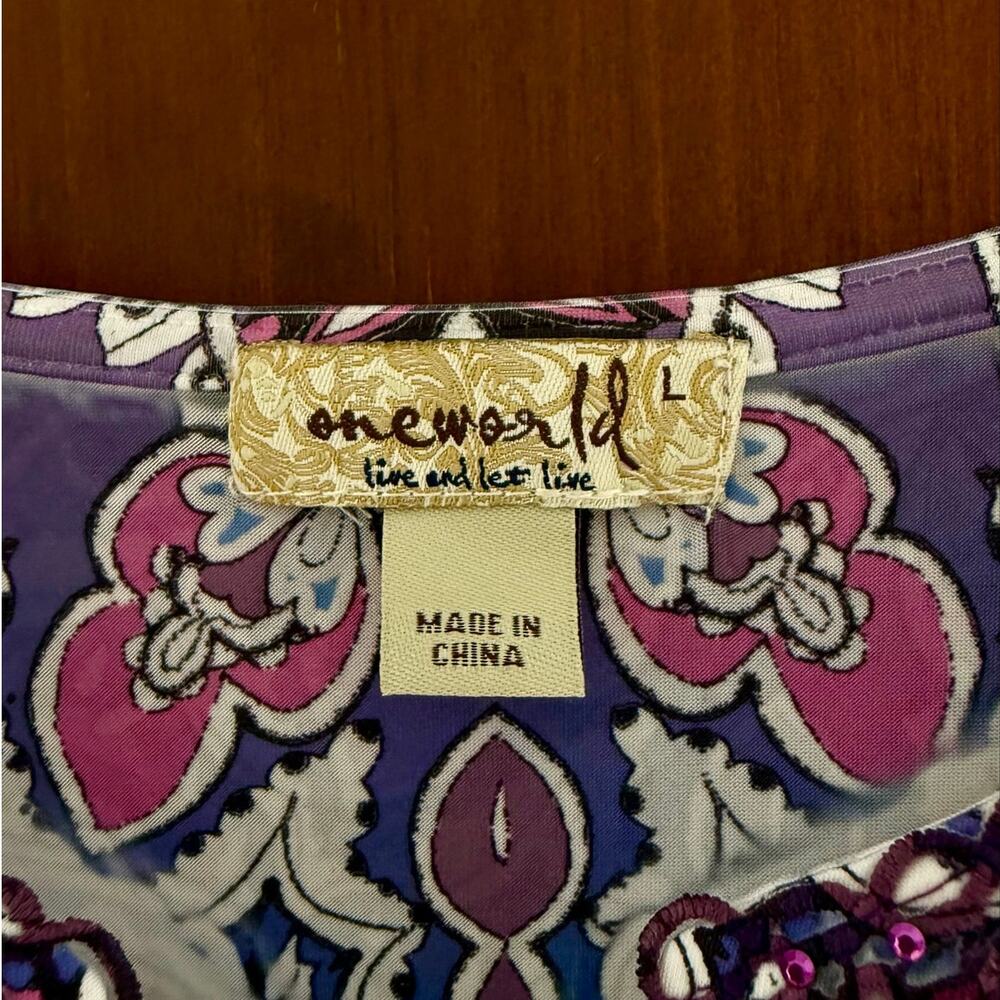 NWT One World Boho Babydoll Tunic Paisley Print Beaded Size Large Pink Purple - Picture 2 of 9